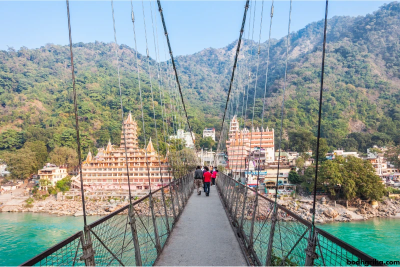 araffe crossing a suspension bridge over a river with a